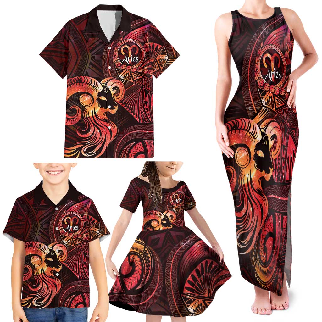 Personalised Polynesia Zodiac Aries Family Matching Tank Maxi Dress and Hawaiian Shirt Galaxy Polynesian Pattern Chest Tattoo Style