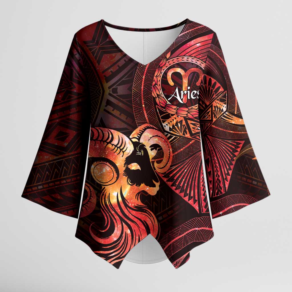 Personalised Polynesia Zodiac Aries Kimono Sleeve Blouse Galaxy Polynesian Pattern Chest Tattoo Style
