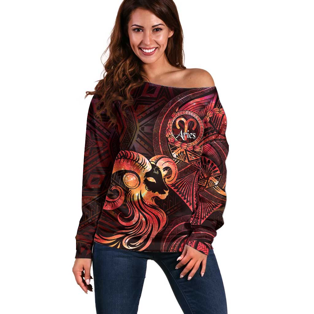 Personalised Polynesia Zodiac Aries Off Shoulder Sweater Galaxy Polynesian Pattern Chest Tattoo Style