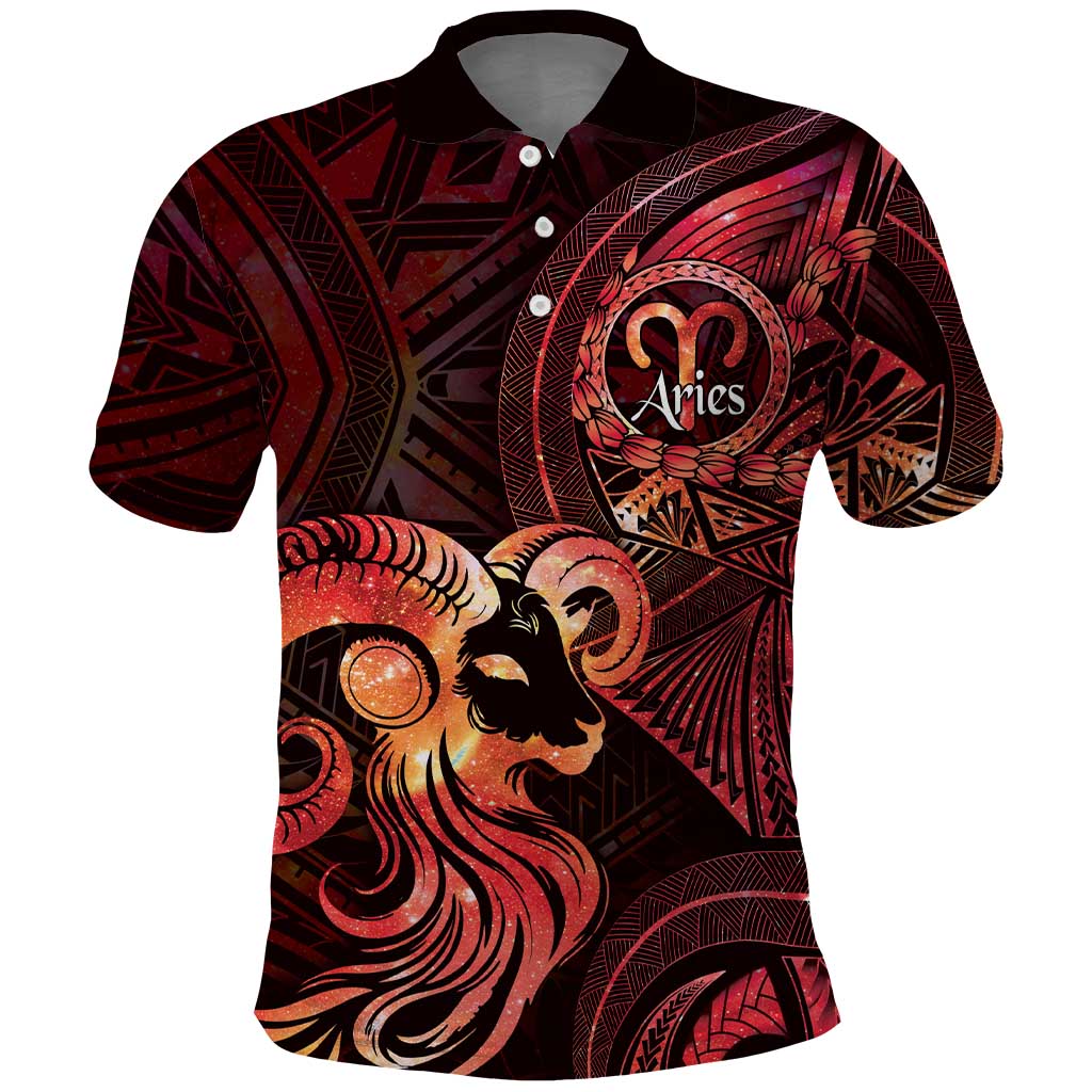 Personalised Polynesia Zodiac Aries Polo Shirt Galaxy Polynesian Pattern Chest Tattoo Style