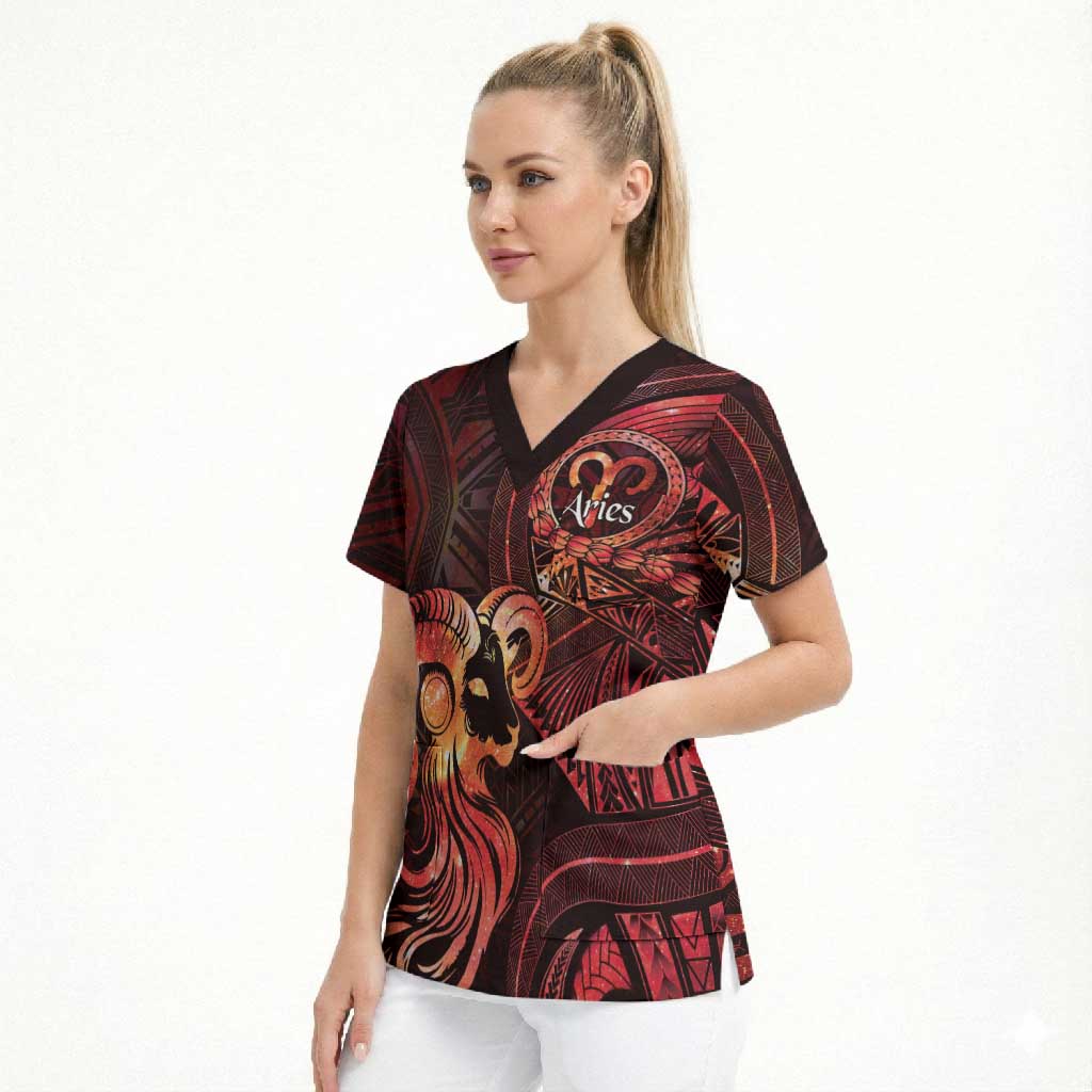 Personalised Polynesia Zodiac Aries Scrub Top Galaxy Polynesian Pattern Chest Tattoo Style