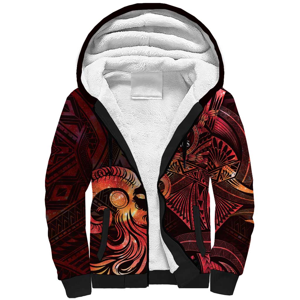 Personalised Polynesia Zodiac Aries Sherpa Hoodie Galaxy Polynesian Pattern Chest Tattoo Style