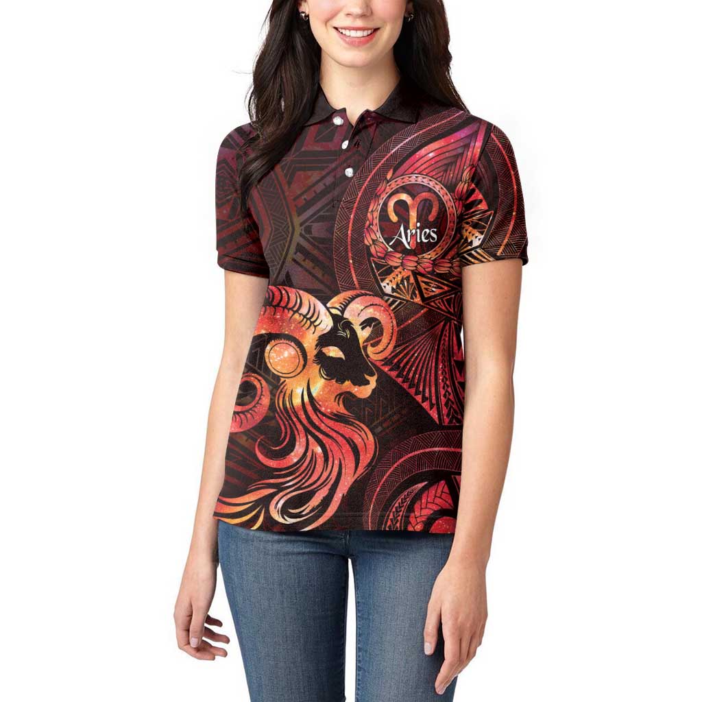 Personalised Polynesia Zodiac Aries Women Polo Shirt Galaxy Polynesian Pattern Chest Tattoo Style