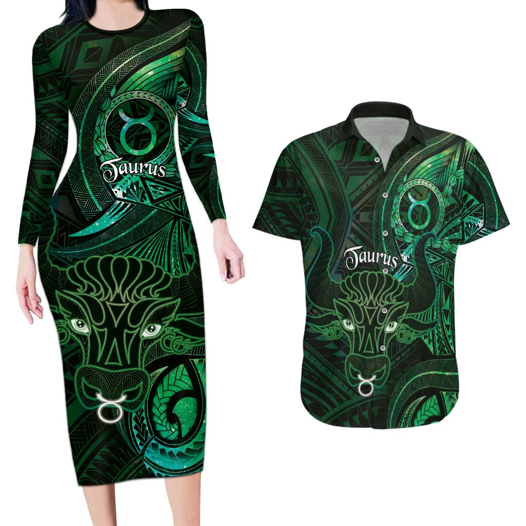 Personalised Polynesia Zodiac Taurus Couples Matching Long Sleeve Bodycon Dress and Hawaiian Shirt Galaxy Polynesian Pattern Chest Tattoo Style