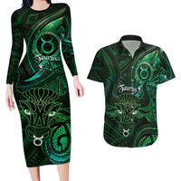 Personalised Polynesia Zodiac Taurus Couples Matching Long Sleeve Bodycon Dress and Hawaiian Shirt Galaxy Polynesian Pattern Chest Tattoo Style