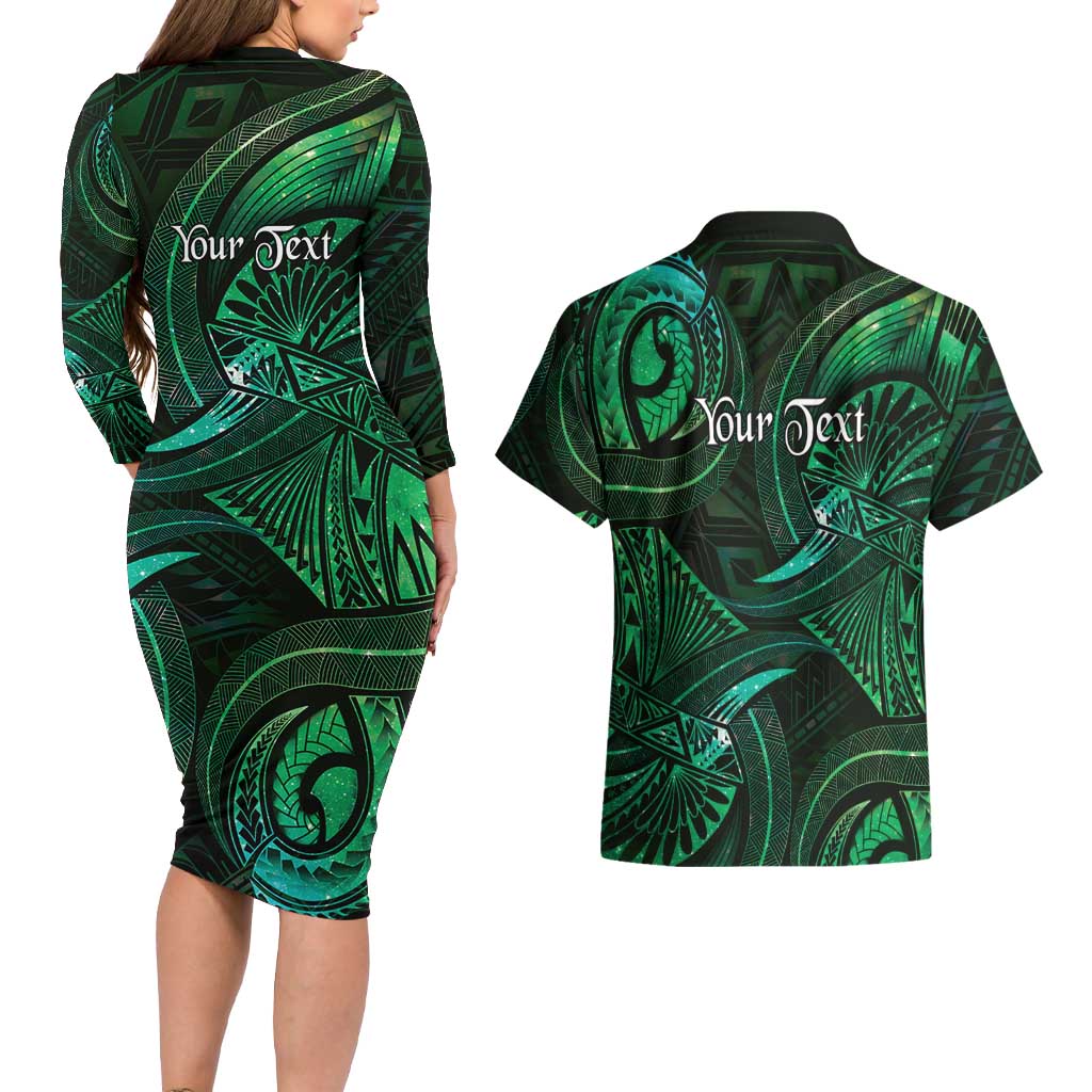 Personalised Polynesia Zodiac Taurus Couples Matching Long Sleeve Bodycon Dress and Hawaiian Shirt Galaxy Polynesian Pattern Chest Tattoo Style