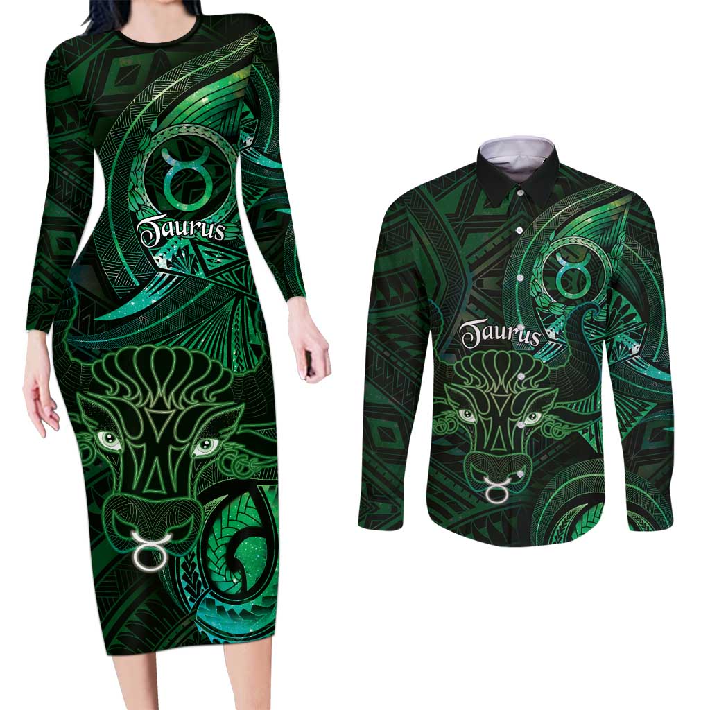 Personalised Polynesia Zodiac Taurus Couples Matching Long Sleeve Bodycon Dress and Long Sleeve Button Shirt Galaxy Polynesian Pattern Chest Tattoo Style