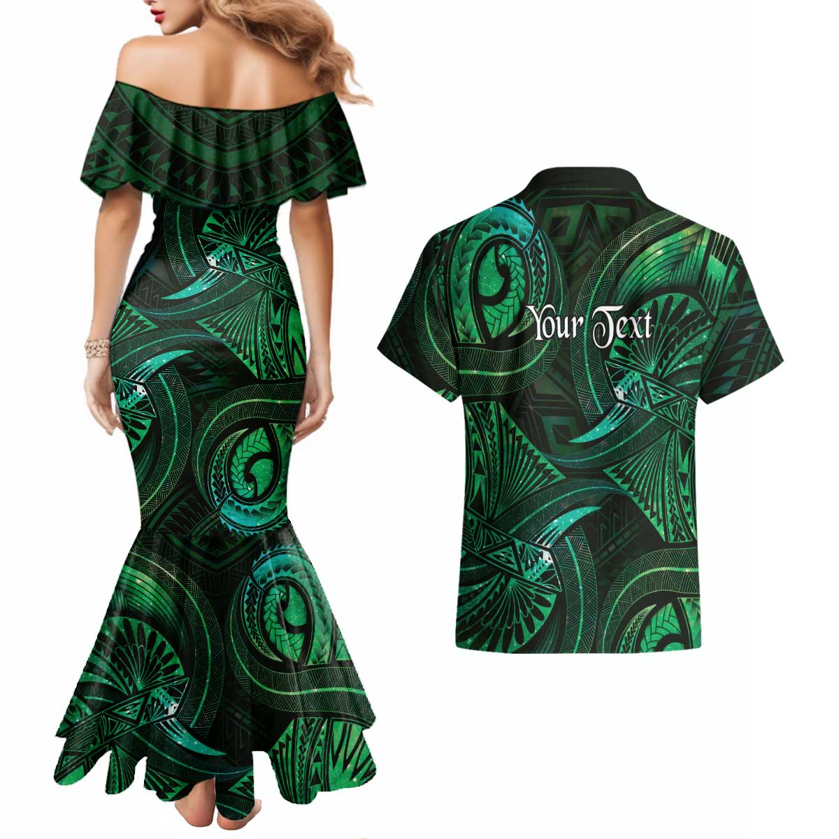 Personalised Polynesia Zodiac Taurus Couples Matching Mermaid Dress and Hawaiian Shirt Galaxy Polynesian Pattern Chest Tattoo Style