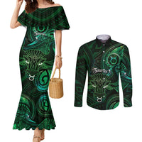 Personalised Polynesia Zodiac Taurus Couples Matching Mermaid Dress and Long Sleeve Button Shirt Galaxy Polynesian Pattern Chest Tattoo Style
