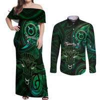 Personalised Polynesia Zodiac Taurus Couples Matching Off Shoulder Maxi Dress and Long Sleeve Button Shirt Galaxy Polynesian Pattern Chest Tattoo Style