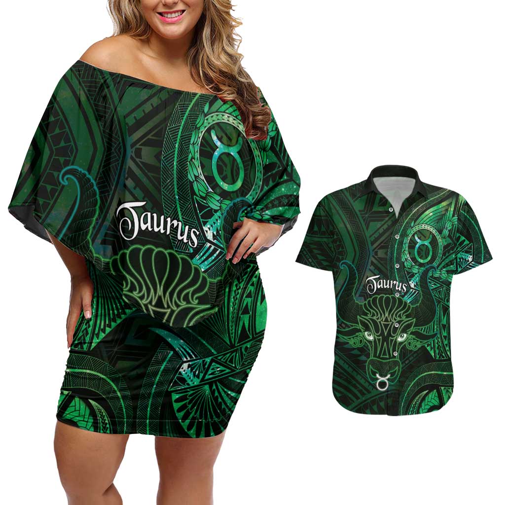Personalised Polynesia Zodiac Taurus Couples Matching Off Shoulder Short Dress and Hawaiian Shirt Galaxy Polynesian Pattern Chest Tattoo Style