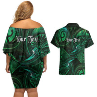 Personalised Polynesia Zodiac Taurus Couples Matching Off Shoulder Short Dress and Hawaiian Shirt Galaxy Polynesian Pattern Chest Tattoo Style