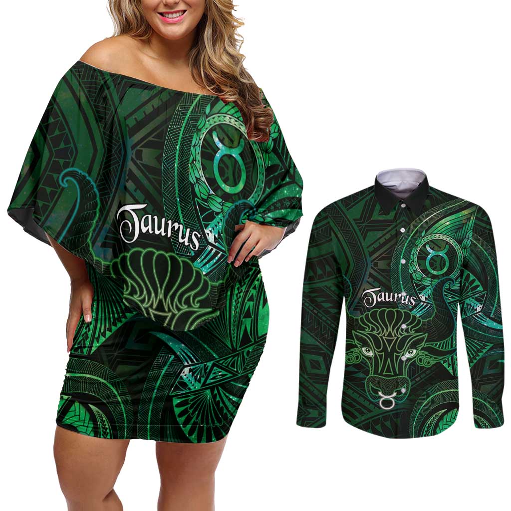 Personalised Polynesia Zodiac Taurus Couples Matching Off Shoulder Short Dress and Long Sleeve Button Shirt Galaxy Polynesian Pattern Chest Tattoo Style