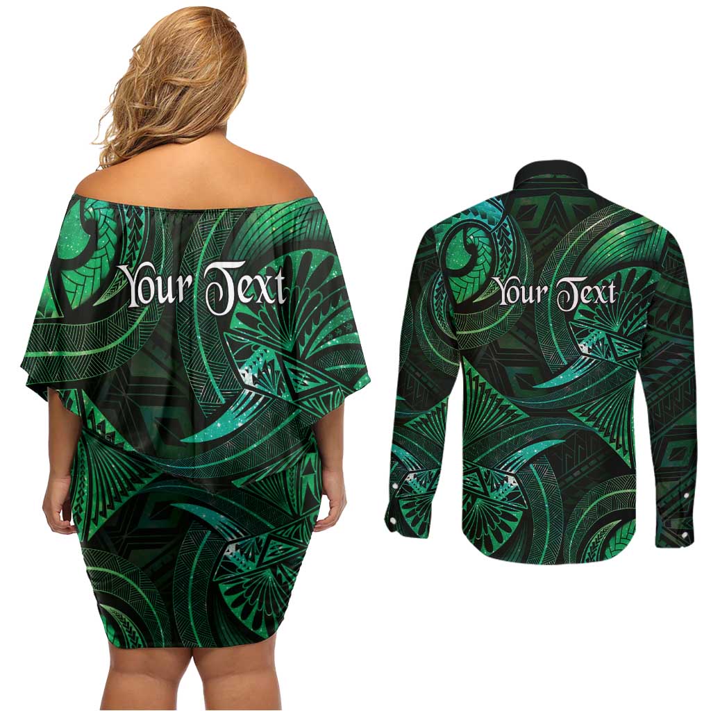 Personalised Polynesia Zodiac Taurus Couples Matching Off Shoulder Short Dress and Long Sleeve Button Shirt Galaxy Polynesian Pattern Chest Tattoo Style