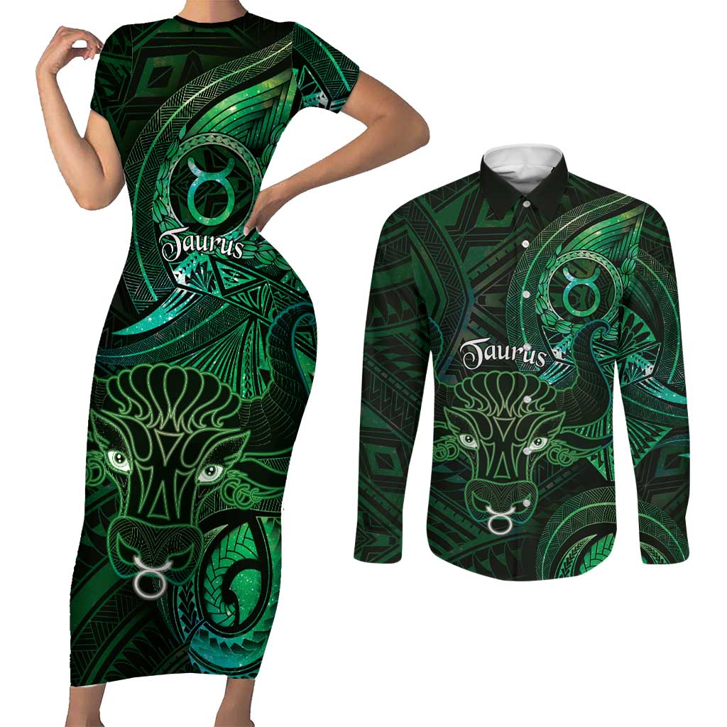 Personalised Polynesia Zodiac Taurus Couples Matching Short Sleeve Bodycon Dress and Long Sleeve Button Shirt Galaxy Polynesian Pattern Chest Tattoo Style