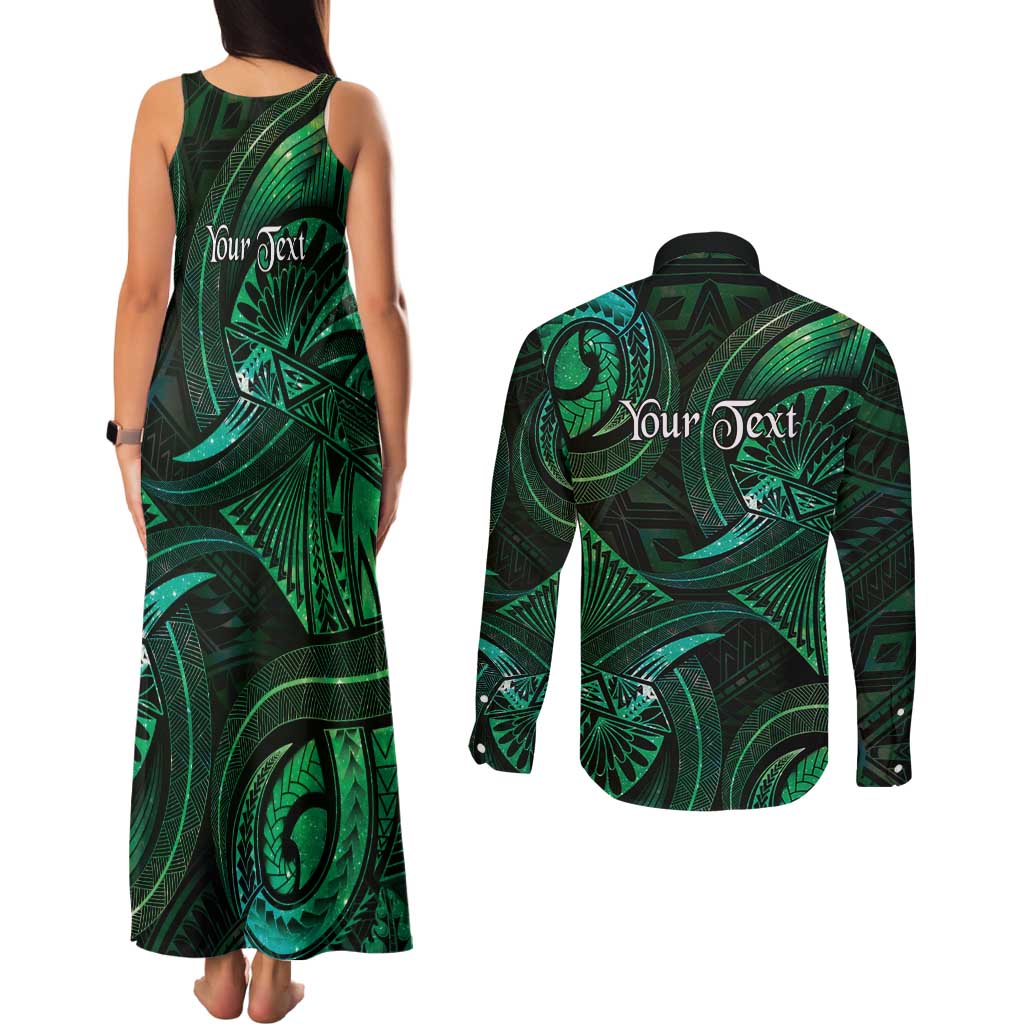 Personalised Polynesia Zodiac Taurus Couples Matching Tank Maxi Dress and Long Sleeve Button Shirt Galaxy Polynesian Pattern Chest Tattoo Style