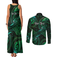 Personalised Polynesia Zodiac Taurus Couples Matching Tank Maxi Dress and Long Sleeve Button Shirt Galaxy Polynesian Pattern Chest Tattoo Style