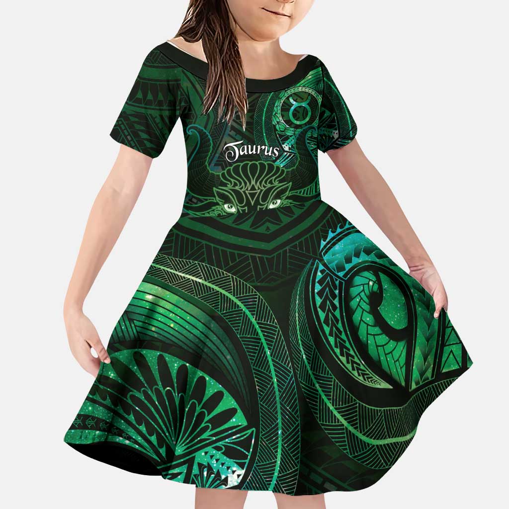 Personalised Polynesia Zodiac Taurus Family Matching Off The Shoulder Long Sleeve Dress and Hawaiian Shirt Galaxy Polynesian Pattern Chest Tattoo Style