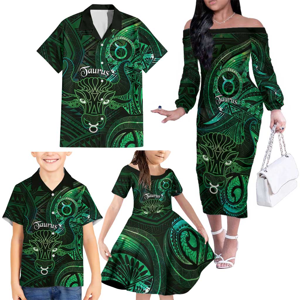 Personalised Polynesia Zodiac Taurus Family Matching Off The Shoulder Long Sleeve Dress and Hawaiian Shirt Galaxy Polynesian Pattern Chest Tattoo Style