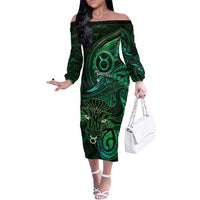 Personalised Polynesia Zodiac Taurus Family Matching Off The Shoulder Long Sleeve Dress and Hawaiian Shirt Galaxy Polynesian Pattern Chest Tattoo Style