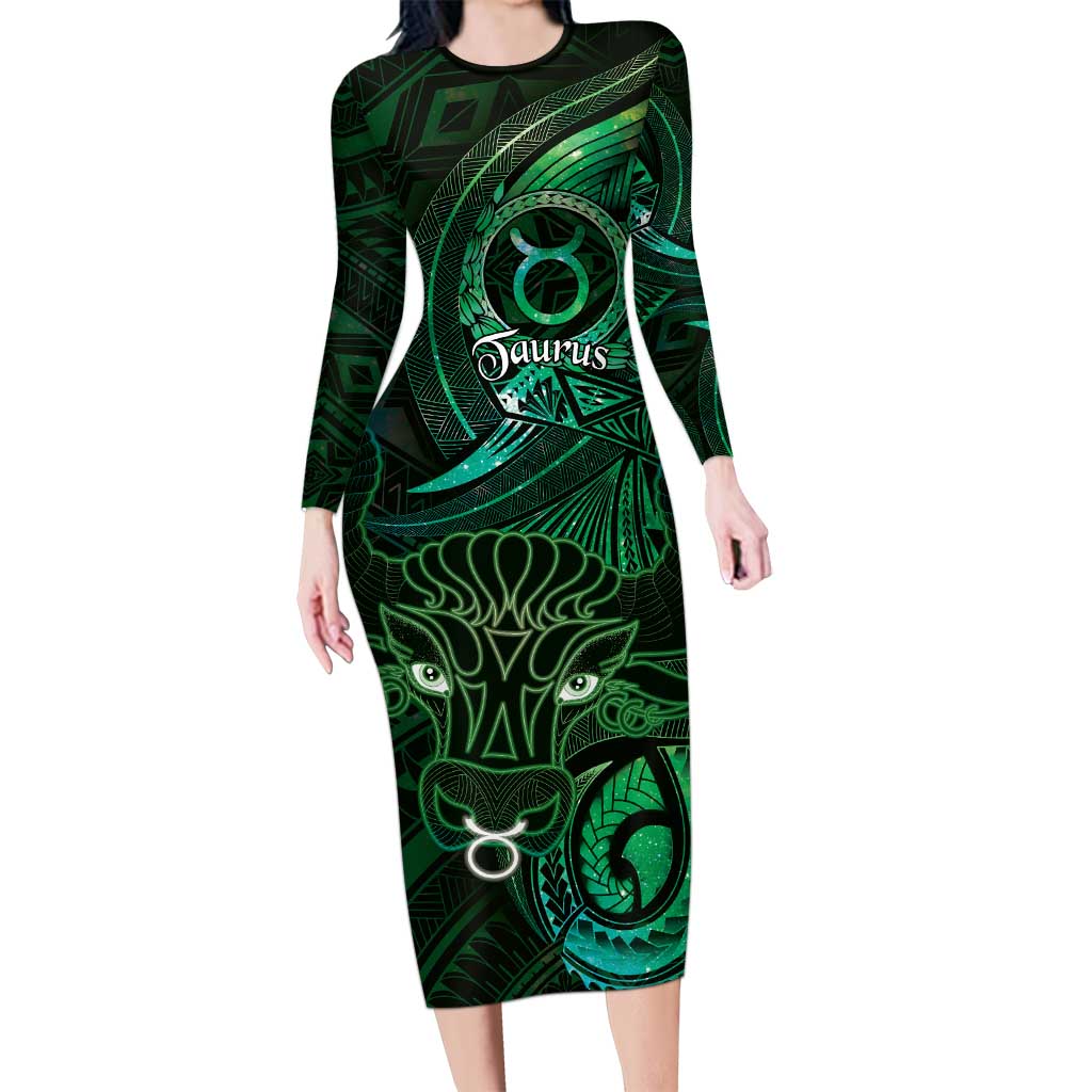 Personalised Polynesia Zodiac Taurus Long Sleeve Bodycon Dress Galaxy Polynesian Pattern Chest Tattoo Style