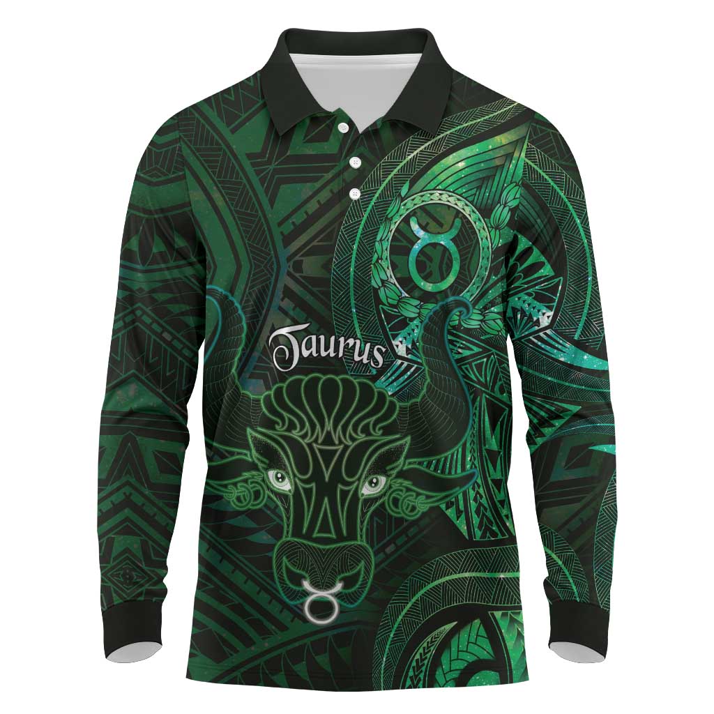 Personalised Polynesia Zodiac Taurus Long Sleeve Polo Shirt Galaxy Polynesian Pattern Chest Tattoo Style