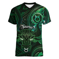 Personalised Polynesia Zodiac Taurus Women V-Neck T-Shirt Galaxy Polynesian Pattern Chest Tattoo Style