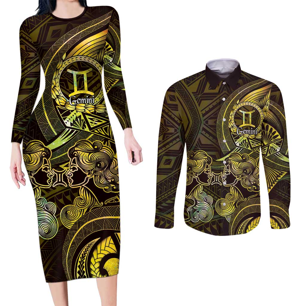 Personalised Polynesia Zodiac Gemini Couples Matching Long Sleeve Bodycon Dress and Long Sleeve Button Shirt Galaxy Polynesian Pattern Chest Tattoo Style