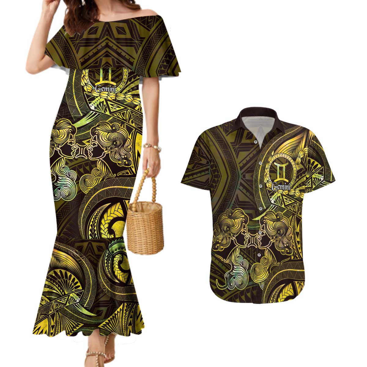 Personalised Polynesia Zodiac Gemini Couples Matching Mermaid Dress and Hawaiian Shirt Galaxy Polynesian Pattern Chest Tattoo Style