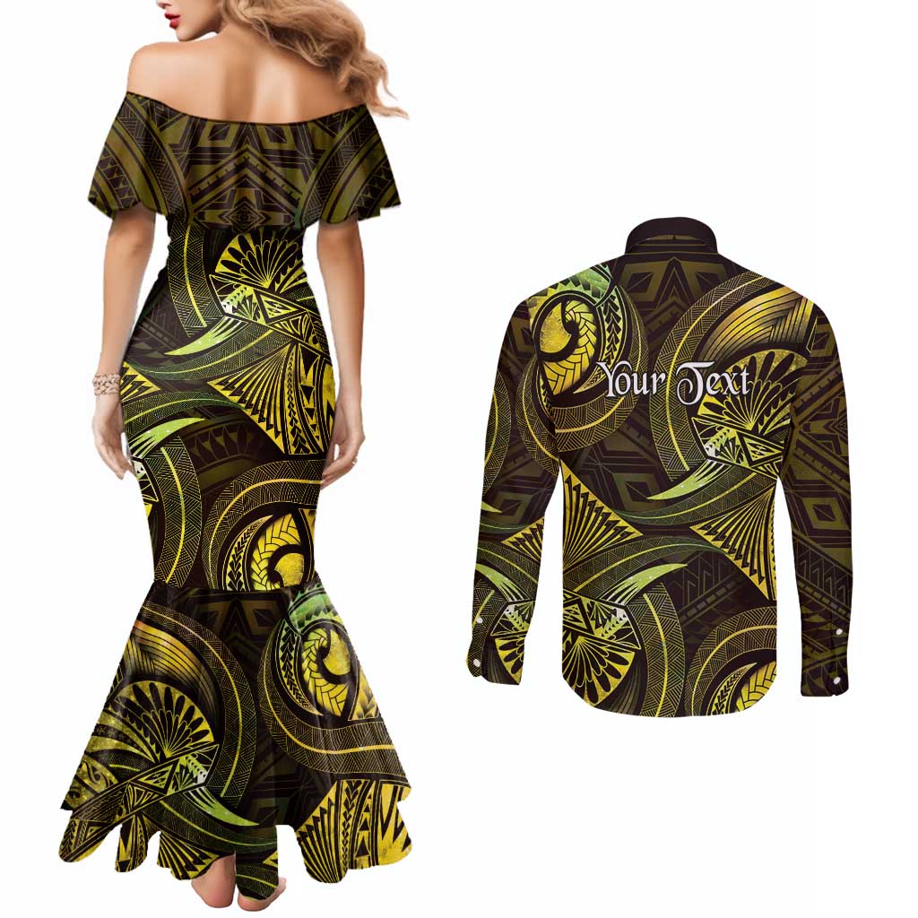 Personalised Polynesia Zodiac Gemini Couples Matching Mermaid Dress and Long Sleeve Button Shirt Galaxy Polynesian Pattern Chest Tattoo Style