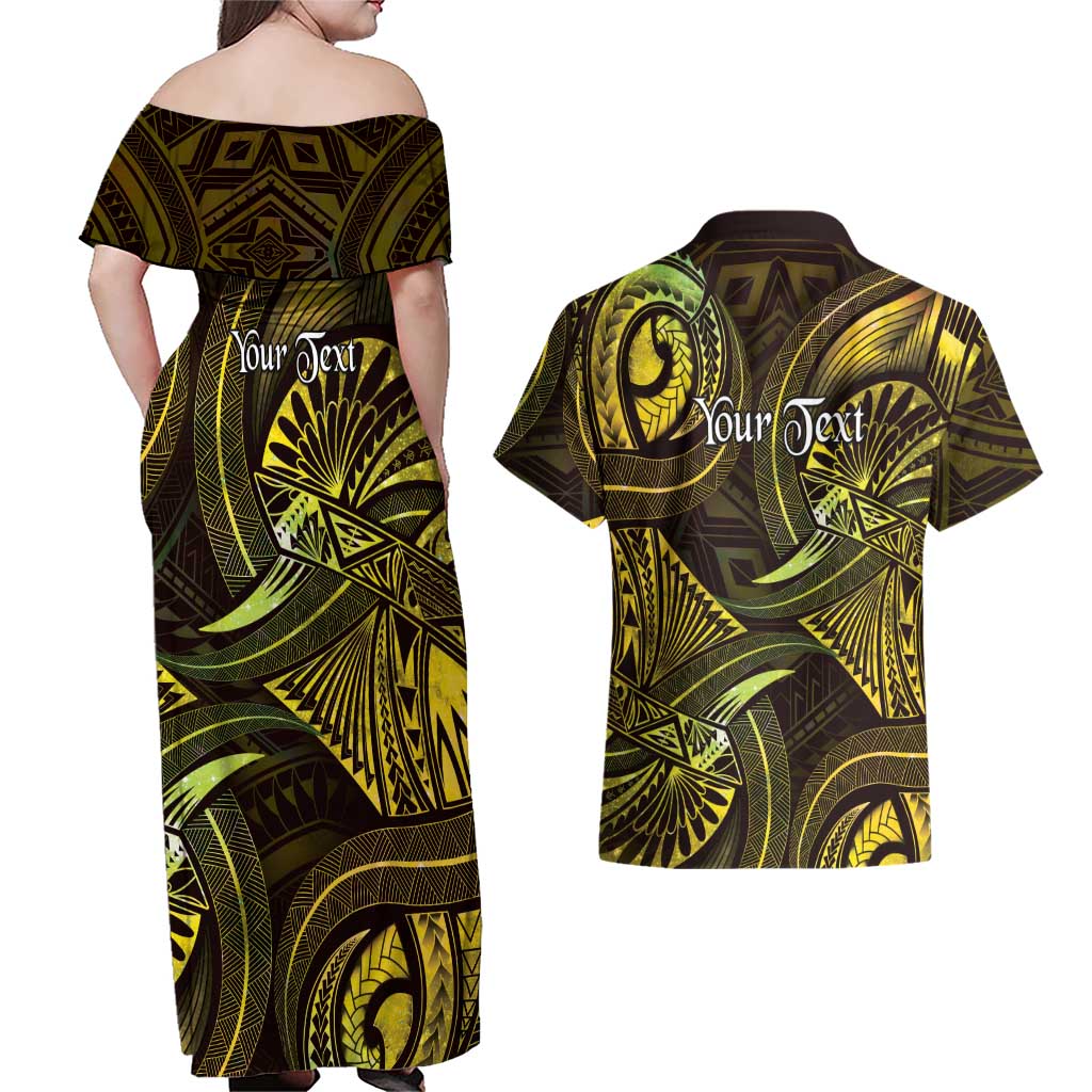 Personalised Polynesia Zodiac Gemini Couples Matching Off Shoulder Maxi Dress and Hawaiian Shirt Galaxy Polynesian Pattern Chest Tattoo Style