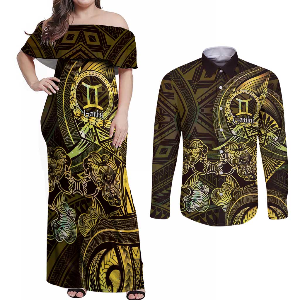 Personalised Polynesia Zodiac Gemini Couples Matching Off Shoulder Maxi Dress and Long Sleeve Button Shirt Galaxy Polynesian Pattern Chest Tattoo Style