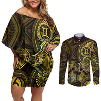 Personalised Polynesia Zodiac Gemini Couples Matching Off Shoulder Short Dress and Long Sleeve Button Shirt Galaxy Polynesian Pattern Chest Tattoo Style