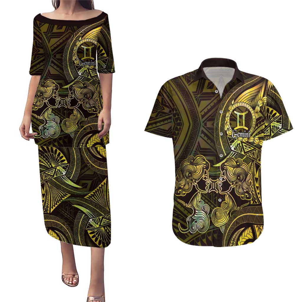 Personalised Polynesia Zodiac Gemini Couples Matching Puletasi and Hawaiian Shirt Galaxy Polynesian Pattern Chest Tattoo Style