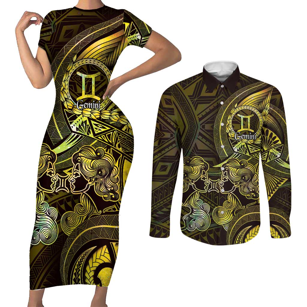 Personalised Polynesia Zodiac Gemini Couples Matching Short Sleeve Bodycon Dress and Long Sleeve Button Shirt Galaxy Polynesian Pattern Chest Tattoo Style