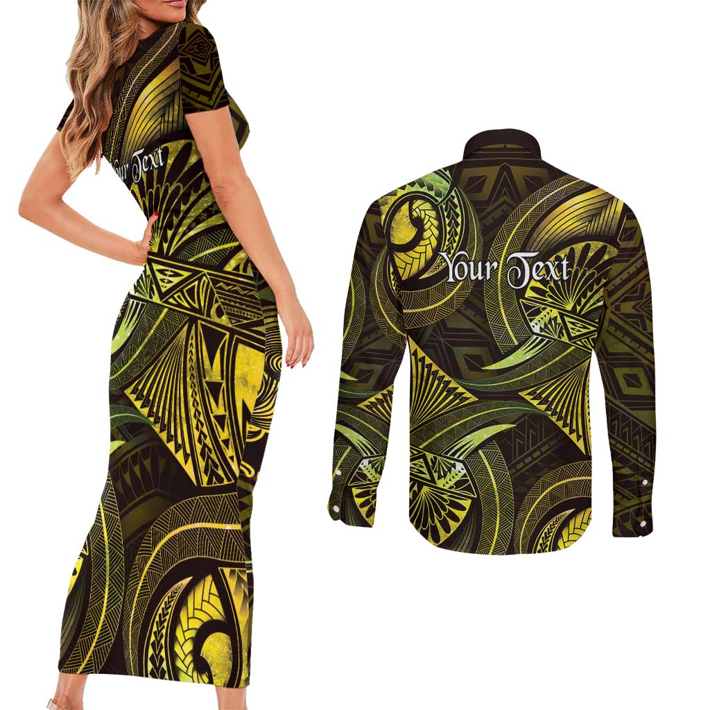 Personalised Polynesia Zodiac Gemini Couples Matching Short Sleeve Bodycon Dress and Long Sleeve Button Shirt Galaxy Polynesian Pattern Chest Tattoo Style