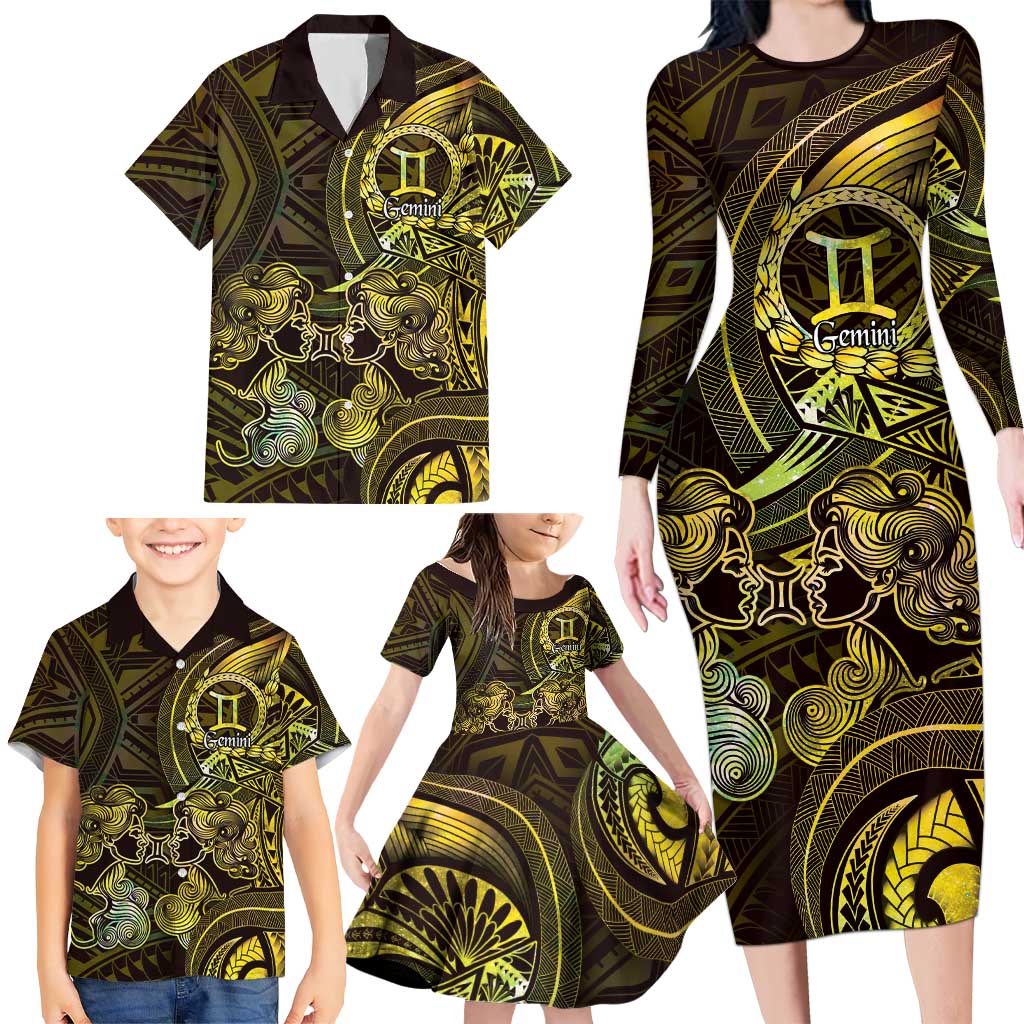 Personalised Polynesia Zodiac Gemini Family Matching Long Sleeve Bodycon Dress and Hawaiian Shirt Galaxy Polynesian Pattern Chest Tattoo Style