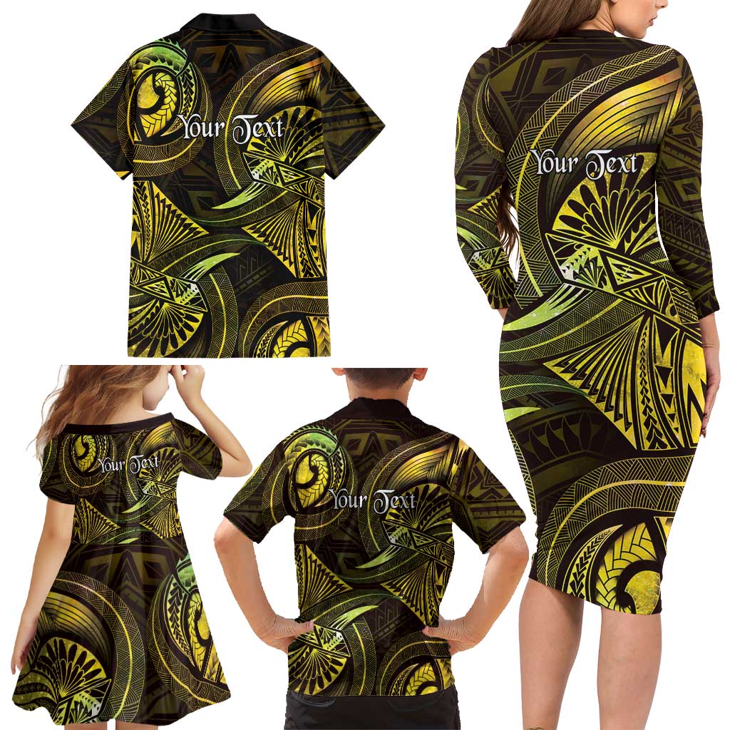 Personalised Polynesia Zodiac Gemini Family Matching Long Sleeve Bodycon Dress and Hawaiian Shirt Galaxy Polynesian Pattern Chest Tattoo Style