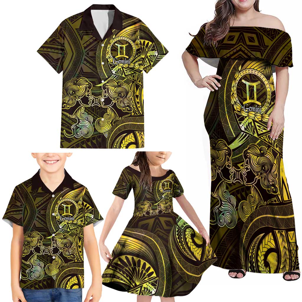 Personalised Polynesia Zodiac Gemini Family Matching Off Shoulder Maxi Dress and Hawaiian Shirt Galaxy Polynesian Pattern Chest Tattoo Style