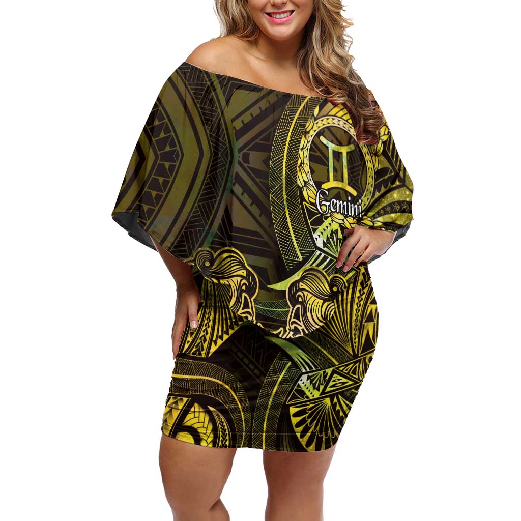 Personalised Polynesia Zodiac Gemini Family Matching Off Shoulder Short Dress and Hawaiian Shirt Galaxy Polynesian Pattern Chest Tattoo Style