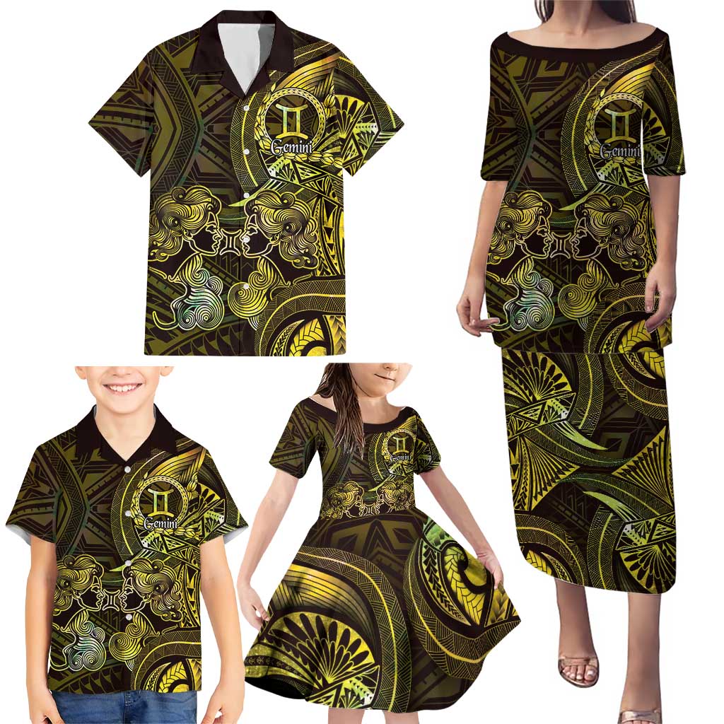 Personalised Polynesia Zodiac Gemini Family Matching Puletasi and Hawaiian Shirt Galaxy Polynesian Pattern Chest Tattoo Style
