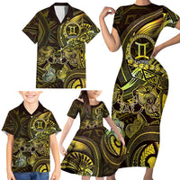 Personalised Polynesia Zodiac Gemini Family Matching Short Sleeve Bodycon Dress and Hawaiian Shirt Galaxy Polynesian Pattern Chest Tattoo Style