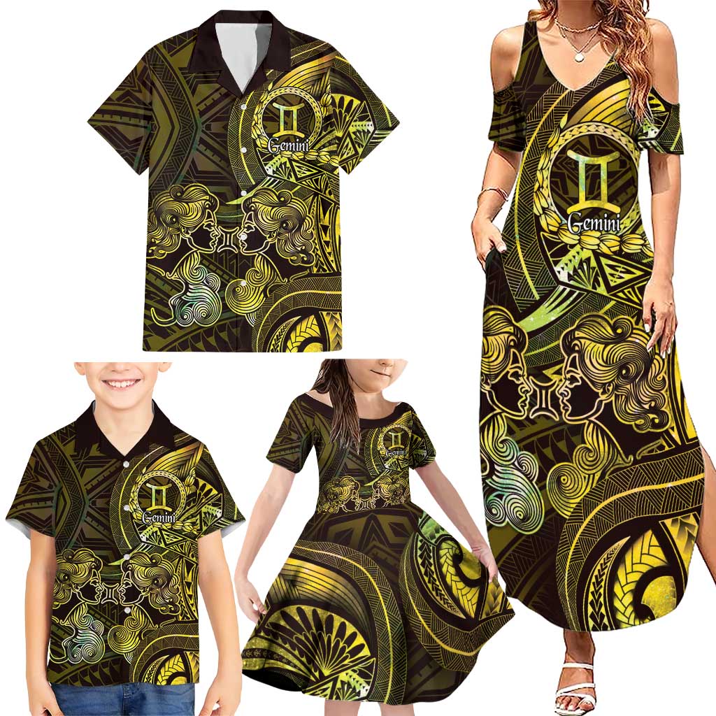 Personalised Polynesia Zodiac Gemini Family Matching Summer Maxi Dress and Hawaiian Shirt Galaxy Polynesian Pattern Chest Tattoo Style