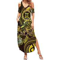 Personalised Polynesia Zodiac Gemini Family Matching Summer Maxi Dress and Hawaiian Shirt Galaxy Polynesian Pattern Chest Tattoo Style
