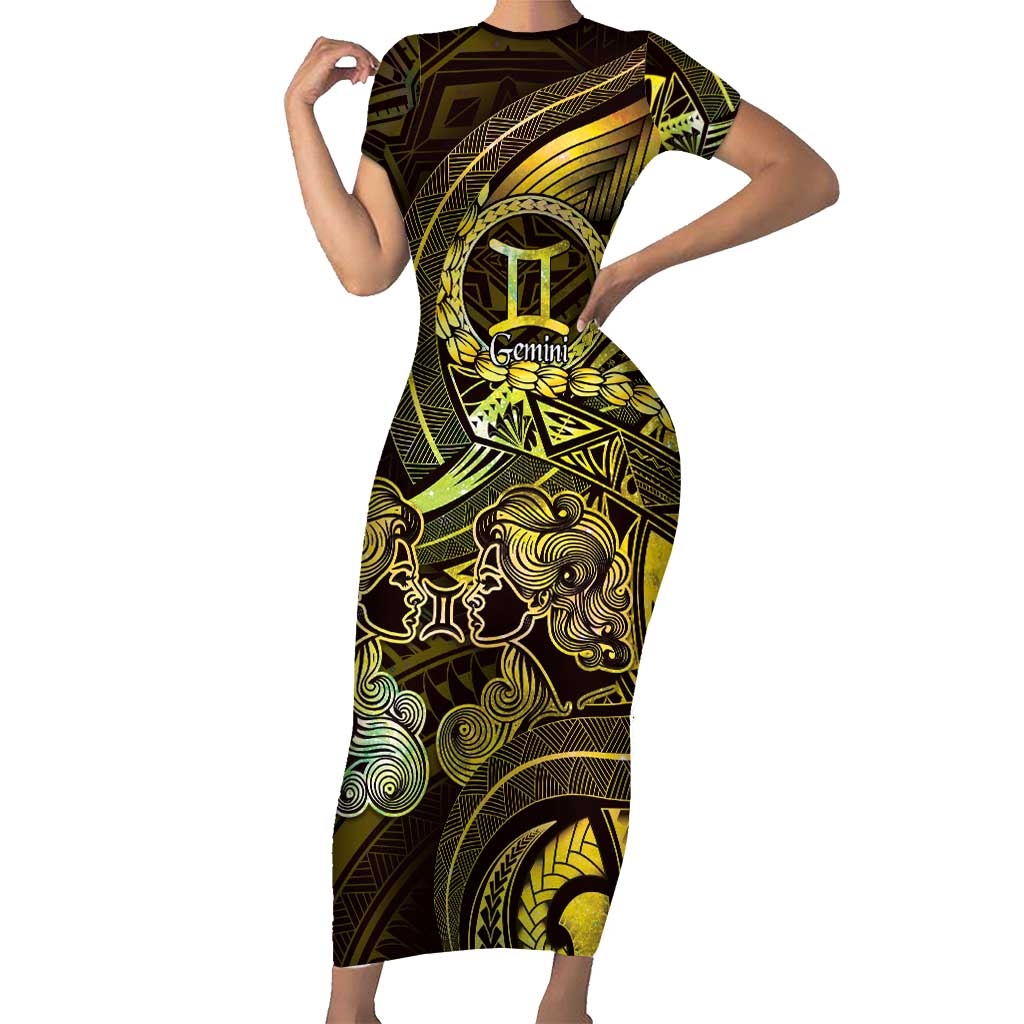 Personalised Polynesia Zodiac Gemini Short Sleeve Bodycon Dress Galaxy Polynesian Pattern Chest Tattoo Style