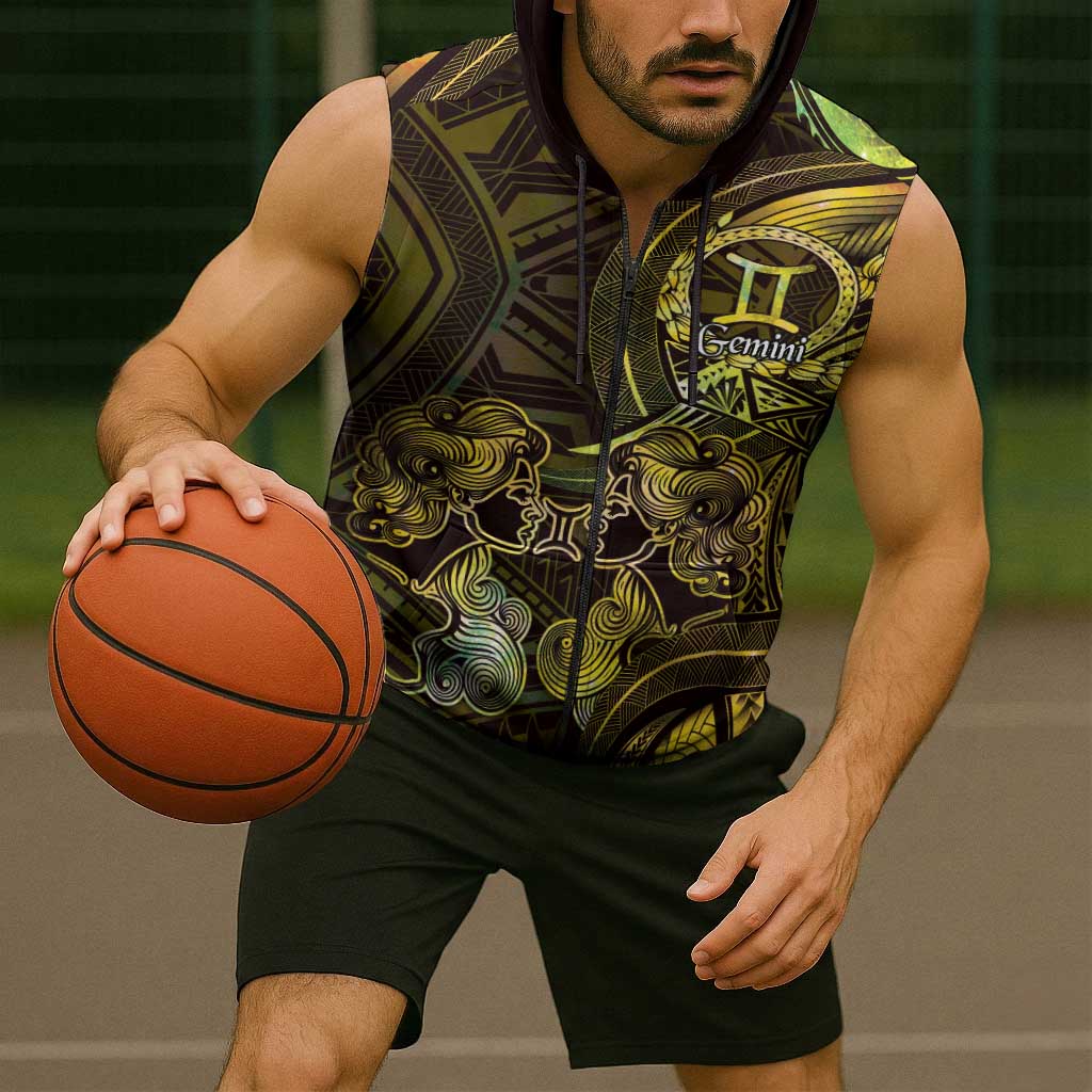 Personalised Polynesia Zodiac Gemini Sleeveless Zip Hoodie Galaxy Polynesian Pattern Chest Tattoo Style