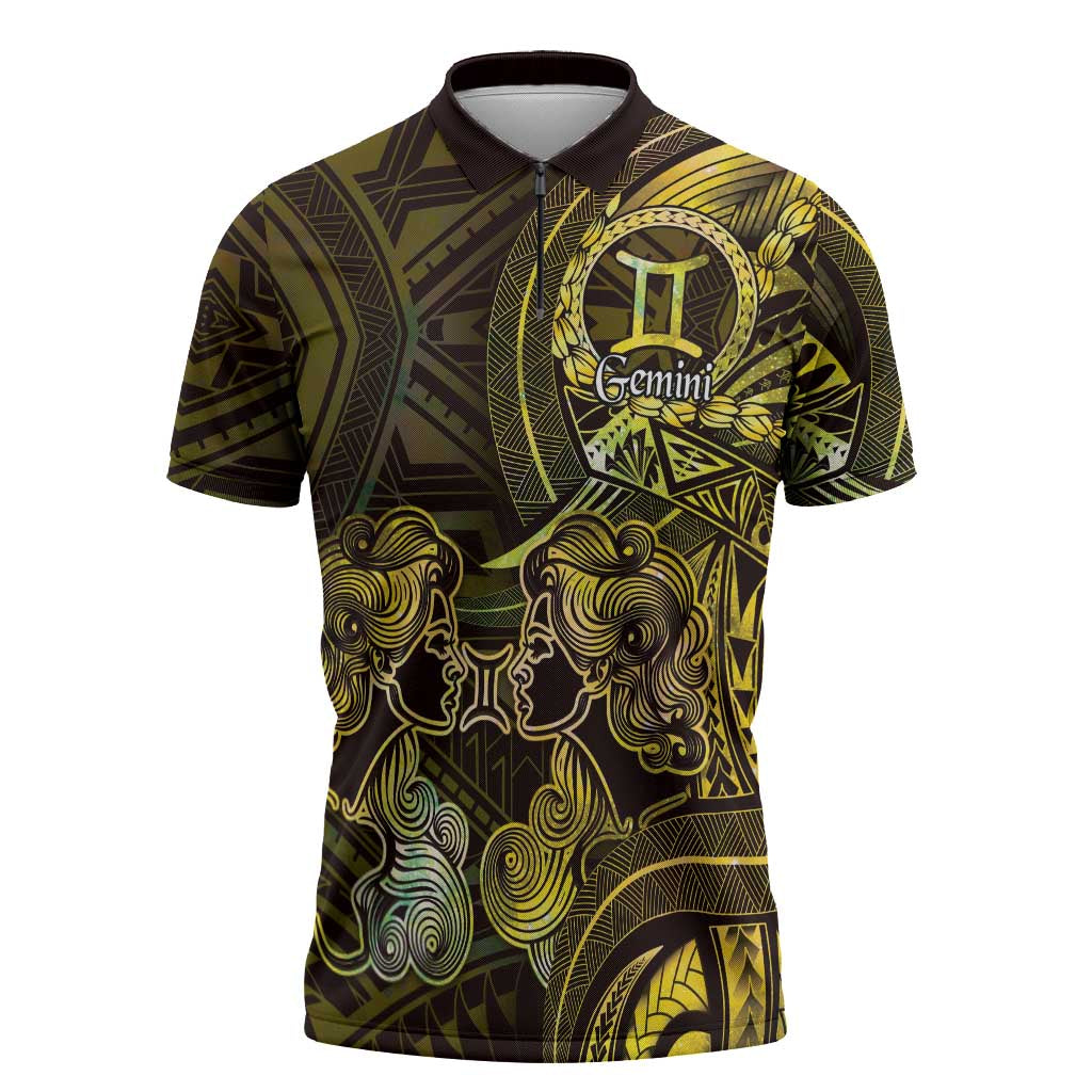 Personalised Polynesia Zodiac Gemini Zipper Polo Shirt Galaxy Polynesian Pattern Chest Tattoo Style