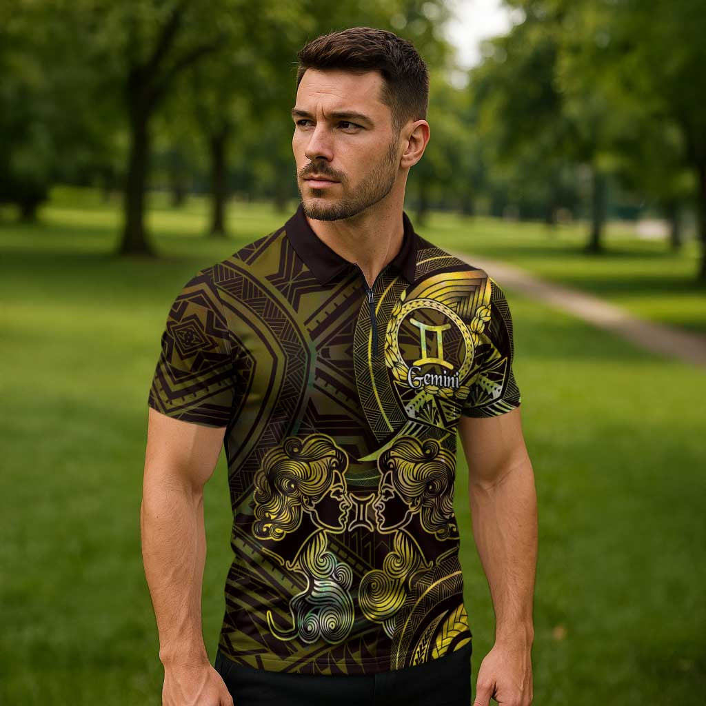 Personalised Polynesia Zodiac Gemini Zipper Polo Shirt Galaxy Polynesian Pattern Chest Tattoo Style