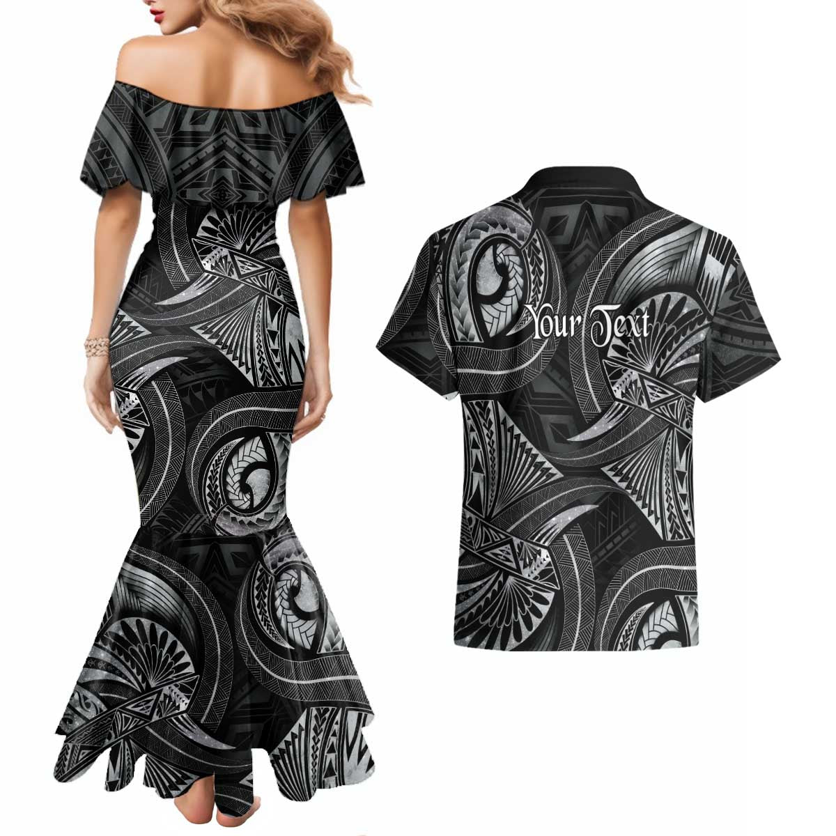 Personalised Polynesia Zodiac Cancer Couples Matching Mermaid Dress and Hawaiian Shirt Galaxy Polynesian Pattern Chest Tattoo Style