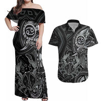 Personalised Polynesia Zodiac Cancer Couples Matching Off Shoulder Maxi Dress and Hawaiian Shirt Galaxy Polynesian Pattern Chest Tattoo Style